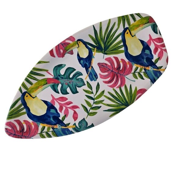 Melamine Tropical Cockatoo Party Tray 16" X 8" Surf Board Shape - Picture 2 of 8